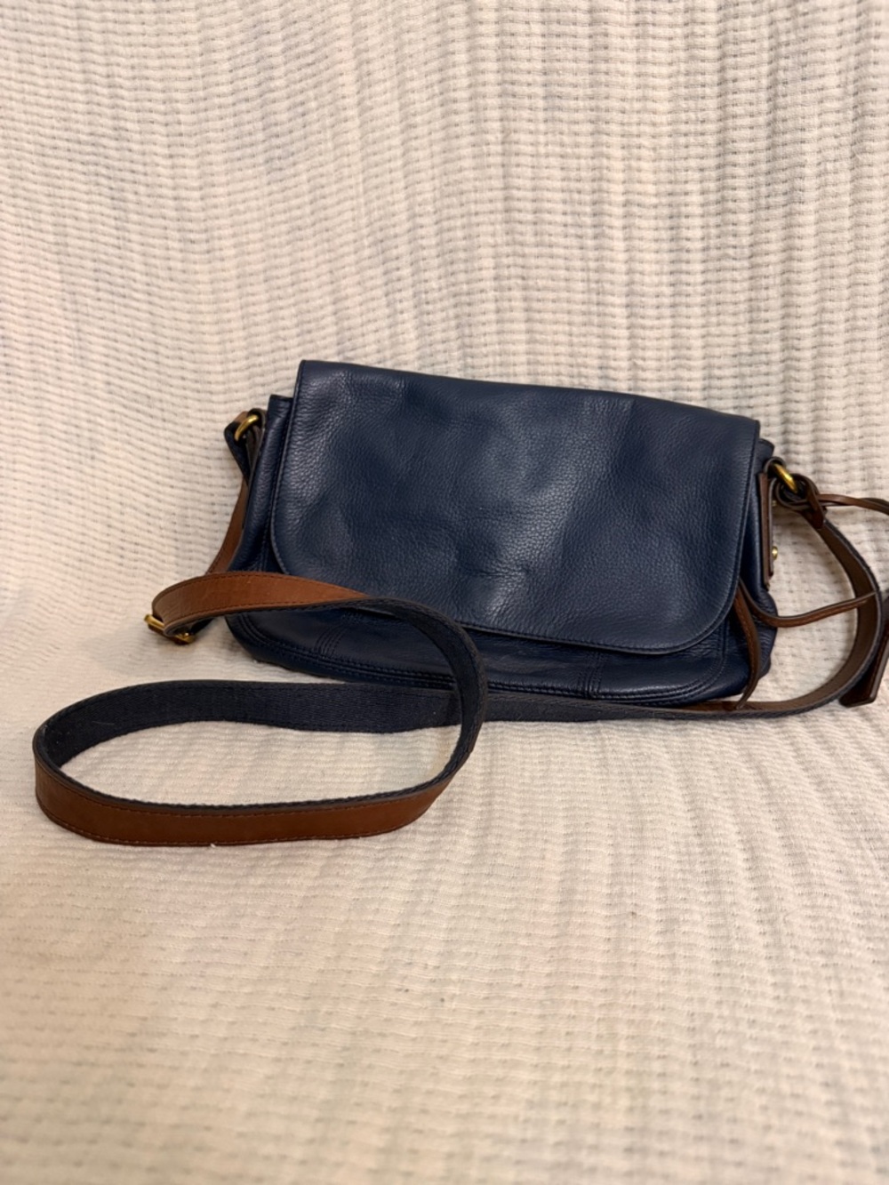 Fossil Navy Leather Crossbody with Brown Strap